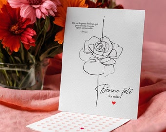 Carte Bonne Fête Maman joli Dessin d’une Rose avec texte poème citation courage résilience dessin fleur fête des mères jeune maman coeur