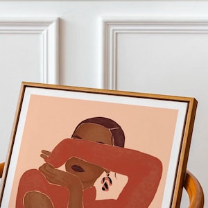Illustration silhouette femme terracotta format carte affiche style craie peinture aquarelle pastel tons chauds cadre décoration œuvre d’art
