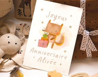 Carte Anniversaire Enfant Dessin Renard Illustration Bébé Animal Mignon avec Prénom personnalisable carte mignonne pour cadeau à offrir cute
