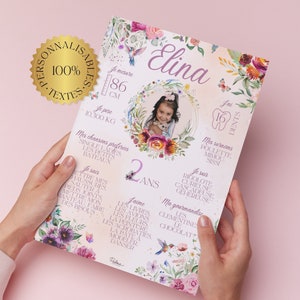 Bebé niño primer año cumpleaños cartel personalizado con foto flores secas colores campestres flor de jardín multicolor 1 año 2 años