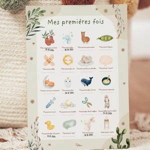 Affiche Mes premières fois de Bébé À compléter Souvenirs et Dates Cadeau Naissance Décoration Chambre bébé tampon Vert Jungle Nature Mignons