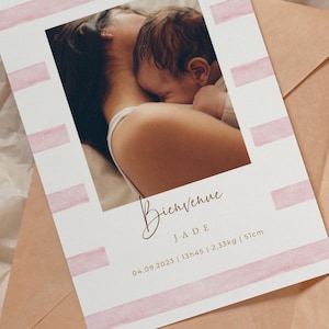 Fairepart naissance annonce bébé à personnaliser avec photo rayures aquarelle rose pastel moderne minimaliste douceur carte annonce fille