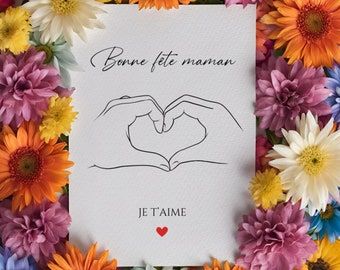 Carte Bonne Fête Maman, jolie carte, dessin mains en cœur, carte fête des mères, nouvelle maman, déclaration amour cœur, je t’aime maman
