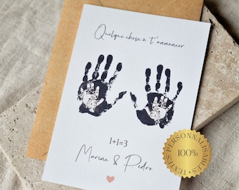 Carte Annonce Grossesse Personnalisée Empreintes Mains bébés futurs parents Surprise Bonne nouvelle la famille s’agrandit bébé en route tata