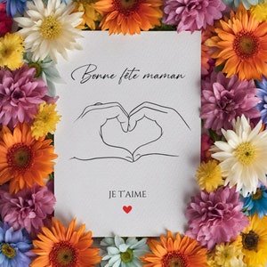 Carte Bonne Fête Maman, jolie carte, dessin mains en cœur, carte fête des mères, nouvelle maman, déclaration amour cœur, je t’aime maman