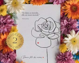 Carte Bonne Fête Maman Dessin d’une Rose avec poème citation dessin fleur jolie carte fête des mères mère fille jeune maman papa coeur rouge