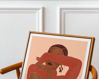 Illustration silhouette femme terracotta format carte affiche style craie peinture aquarelle pastel tons chauds cadre décoration œuvre d’art