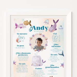 Póster de cumpleaños para niños y bebés Descripción personalizada con foto mundo marino pez océano ballena fondo marino cangrejo pulpo pulpo