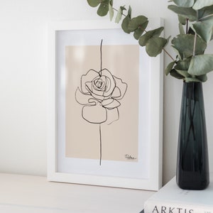 Poster Rose Zeichnung Blume Linie minimalistische Linie Kunst Bleistift gezeichnet feine Finesse wesentliche Illustration Blattgold Eleganz beige Hintergrund