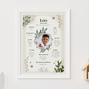 Primer año cumpleaños cartel bebé niño personalizado con foto verde naturaleza tropical eucalipto dibujo arco cactus estrella beige 1 año