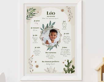 Poster Birthday First Year Baby Child Personalized with photo Green Nature Tropical Eucalyptus drawing Arch Cactus star beige 1 year