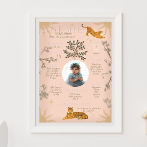 Affiche Anniversaire Bébé Enfant Personnalisable originale avec photo Tigre Soleil Fruit Étoile Rose pâle douceur fleurs arbres 1an 2 ans
