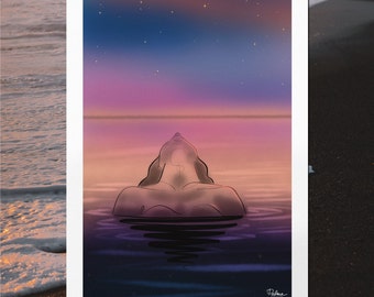 Midnight bath illustration silhouette body woman bathing sea ocean night sky lying sun stars reflection vacation summer well-being calm