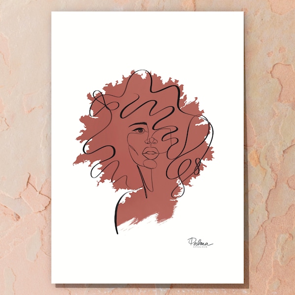 Affiche «Michèle» illustration dessin silhouette visage femme cheveux bouclés curly afro bouche pulpeuse traits minimaliste déco terracotta