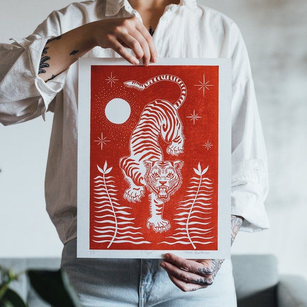 Linoldruck, Linoldruck, Handgefertigter Kunstdruck, Unikat Druck, Block Print Poster - ""Tiger"""