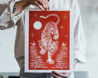 Lino print, Linocut, Handmade Art Print, Unique print, Block Print Poster - "Tiger"