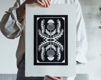 Lino print, Linocut, Handmade Art Print, Unique print, Block Print Poster - "Thistle"