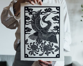 Lino print, Linocut, Handmade Art Print, Unique print, Block Print Poster - "Crane"