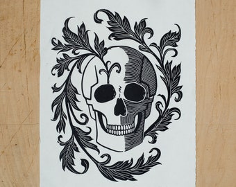 Lino print, Linocut, Handmade Art Print, Unique print, Block Print Poster - "Skull"