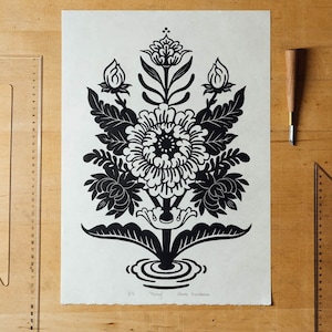 Lino print, Linocut, Handmade Art Print, Unique print, Block Print Poster - &quot;Peony&quot;