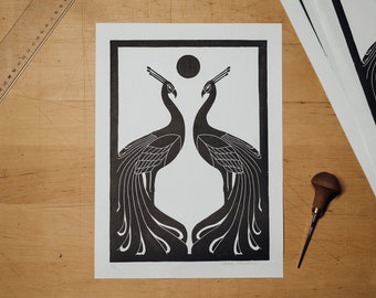 Lino print, Linocut, Handmade Art Print, Unique print, Block Print Poster - "Peacock"
