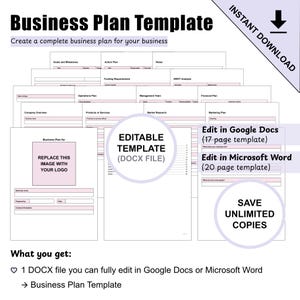 Puede incluir: Una plantilla digital de plan de negocios que consta de varias páginas blancas con texto negro y detalles en rosa claro. El documento incluye secciones para la descripción de la empresa, plan de marketing y plan financiero, compatible con Google Docs y Microsoft Word.