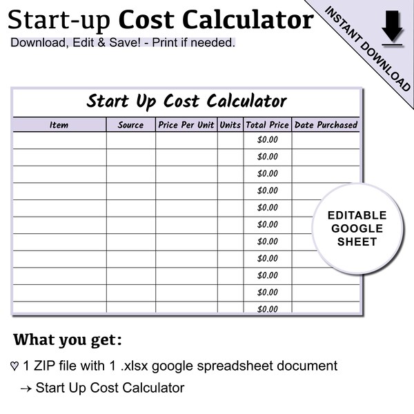 Start up Cost Template Etsy Start up Cost Template Etsy