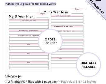 Fillable 3 Year Goal Planning Template for 2026 to 2028 Plus Blank Template | Digitally Fillable and Printable PDF