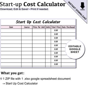 Calculadora de custos iniciais rosa editável para empresas | Modelo de calculadora de custos iniciais para planilhas do Google para impressão