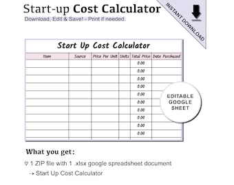 Editable Pink Start Up Cost Calculator for Business | Printable Google Spreadsheets Start Up Cost Calculator Template