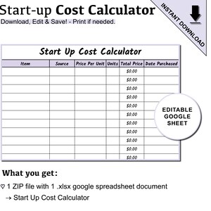 Calculadora de custos iniciais roxa editável para empresas | Modelo de planilha do Google para impressão