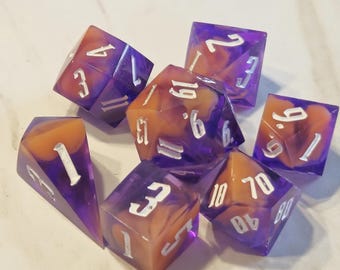 Retrovision, sharp edge dice set, polyhedral dice, DND supplies, 7 piece dice, birthday gift for wife, ttrpg dice