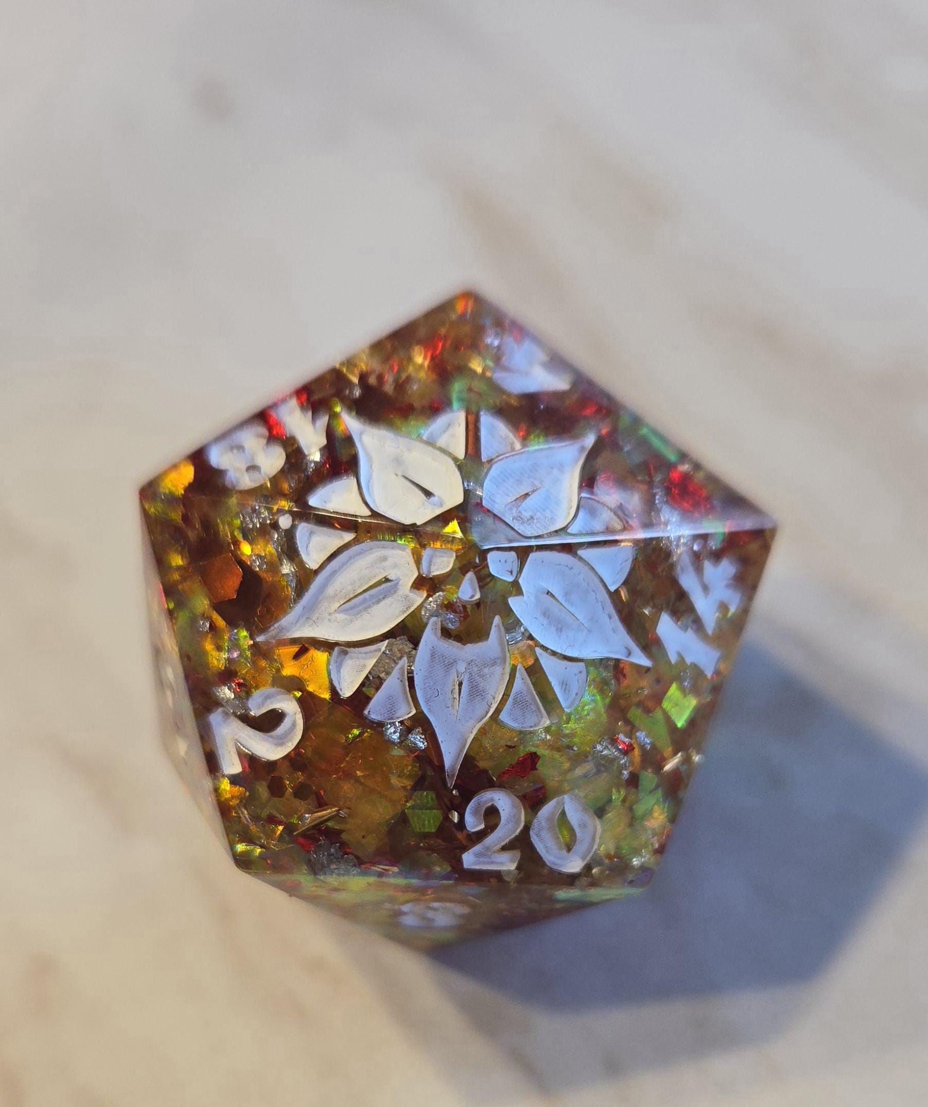 Leaves Aglow, 35mm chonk D20, jumbo d20, large d20, ttrpg supplies, DND supplies, dice for games, Christmas gift for mother