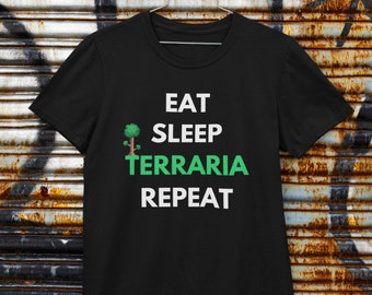 Terraria | Eat Sleep Terraria Wiederholung T-Shirt | Gaming T-Shirt | Schwarzes Unisex T-Shirt | Perfektes Geschenk für Gamer und Terraria Fans