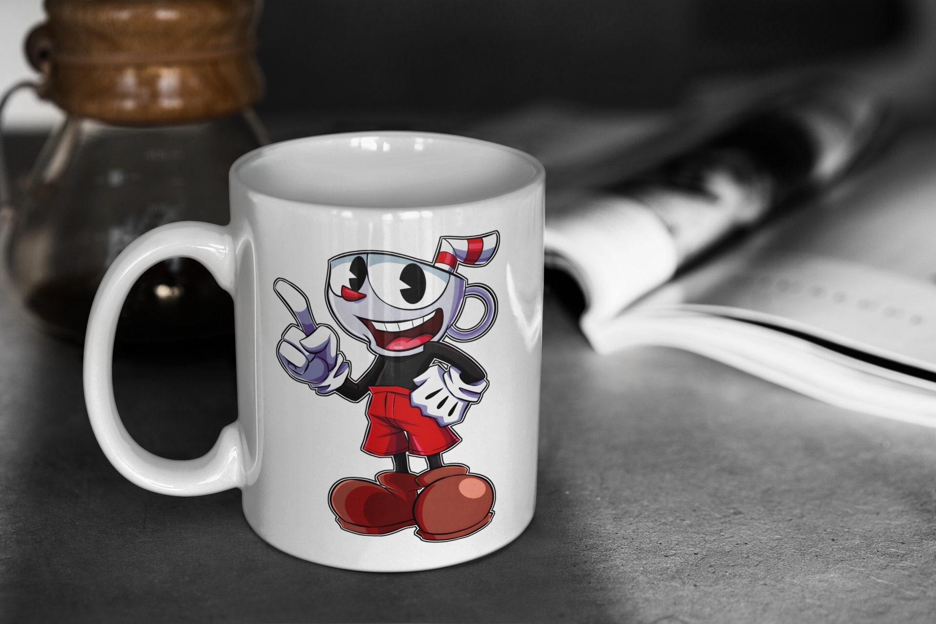 Becherkopf | Süßer Tassenkopf | 11 Unzen Weiße Glossy Tasse | Perfektes Geschenk für Gamer und Cuphead Fans