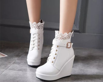 winter shoes for women, high wedges platform, ankle boots, lace up, high heel