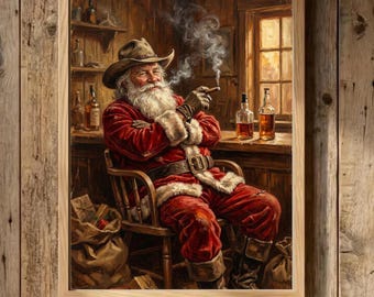 Cowboy Santa Poster, Vintage Western Christmas Wall Art, North Pole Bar Decor, Bourbon and Cigar Holiday Print, Cowboy Bar Poster, Bar Art