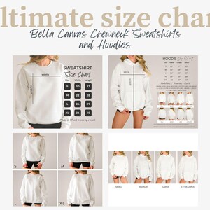 K&ouml;nnte beinhalten: Gr&ouml;&szlig;entabelle f&uuml;r Bella Canvas Crewneck Sweatshirts und Hoodies. Die Tabelle enth&auml;lt Ma&szlig;e f&uuml;r die Gr&ouml;&szlig;en S, M, L und XL. Das Bild zeigt auch Models, die die Sweatshirts und Hoodies in verschiedenen Gr&ouml;&szlig;en tragen.