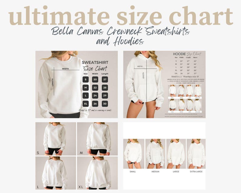 K&ouml;nnte beinhalten: Gr&ouml;&szlig;entabelle f&uuml;r Bella Canvas Crewneck Sweatshirts und Hoodies. Die Tabelle enth&auml;lt Ma&szlig;e f&uuml;r die Gr&ouml;&szlig;en S, M, L und XL. Das Bild zeigt auch Models, die die Sweatshirts und Hoodies in verschiedenen Gr&ouml;&szlig;en tragen.