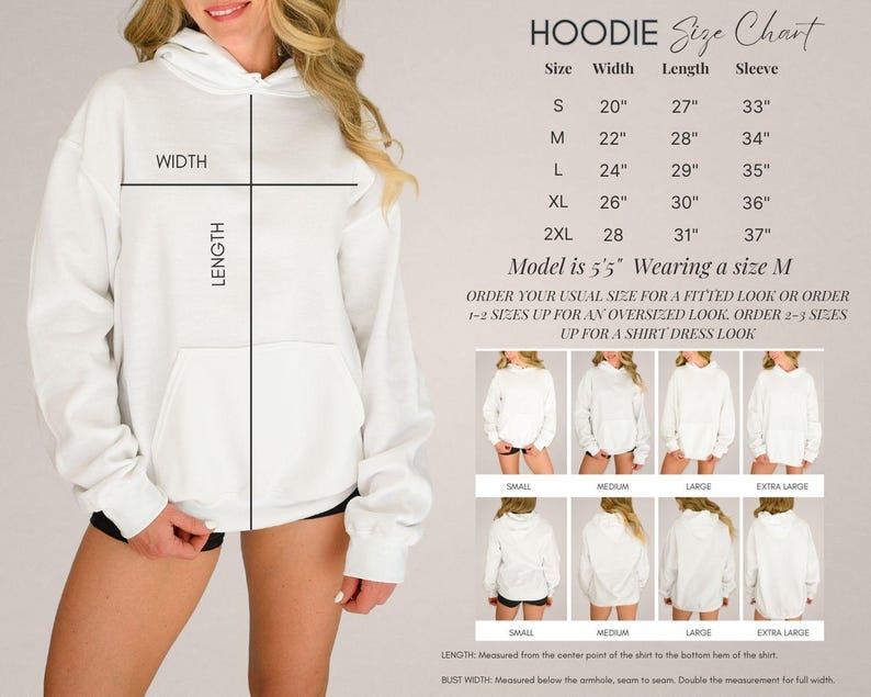 Puede incluir: Una sudadera con capucha blanca con un bolsillo frontal, mostrada con una tabla de tallas. La tabla detalla las medidas para las tallas S a 2XL, incluyendo ancho, largo y largo de manga en cm. La imagen tambi&eacute;n incluye ejemplos de c&oacute;mo queda la sudadera.