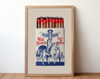 Wild Hearts Matchbox Poster, Retro Cowboy Wall Art, Western Decor, Matchbook Cowgirl Print, Vintage Cowgirl Decor, Horse Country Music Gift