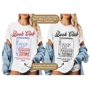 K&ouml;nnte beinhalten: Zwei wei&szlig;e T-Shirts mit "The Book Club"- und "Book Shop"-Grafiken. Ein Shirt hat ein rot-blaues Design, das andere ein schwarz-wei&szlig;es Design. Der Text enth&auml;lt "Book Club After Dark..." und "Where Good Girls R Bad Books!"