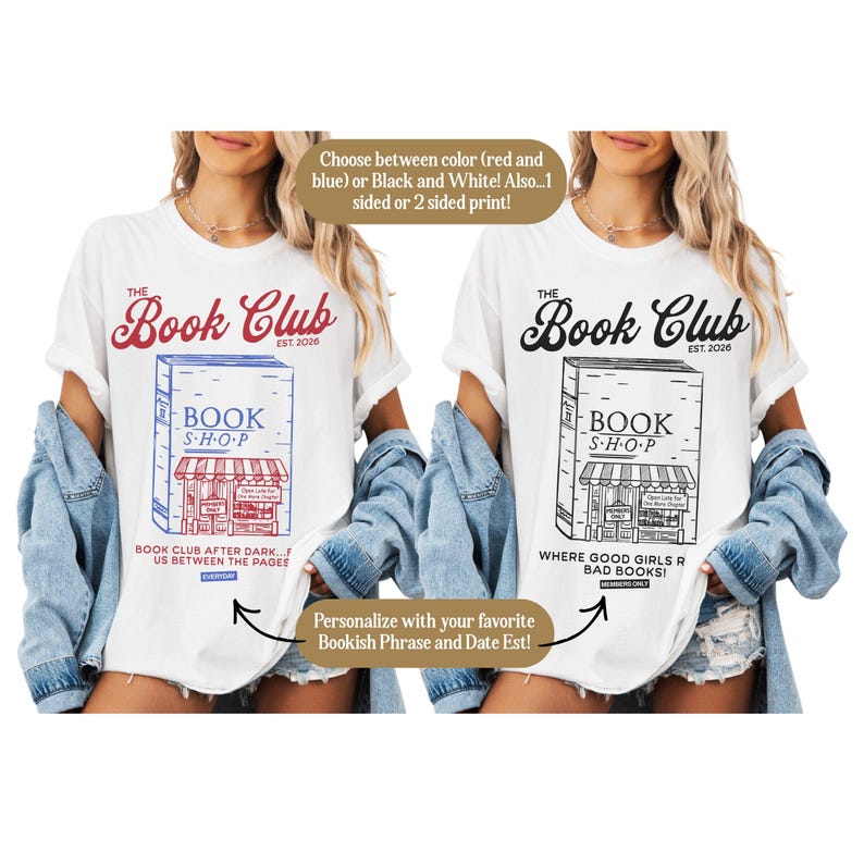 K&ouml;nnte beinhalten: Zwei wei&szlig;e T-Shirts mit "The Book Club"- und "Book Shop"-Grafiken. Ein Shirt hat ein rot-blaues Design, das andere ein schwarz-wei&szlig;es Design. Der Text enth&auml;lt "Book Club After Dark..." und "Where Good Girls R Bad Books!"