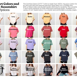 K&ouml;nnte beinhalten: Eine Pr&auml;sentation von Comfort Colors C1717 T-Shirts in verschiedenen Farben, darunter Wei&szlig;, Elfenbein, Butter und Senf. Das Bild zeigt eine Reihe von verblassten Farbt&ouml;nen wie Wassermelone, Crunchberry und Karmesinrot. Der Text auf dem Bild besagt, dass die Shirts aus 100 % ringgesponnener Baumwolle bestehen.