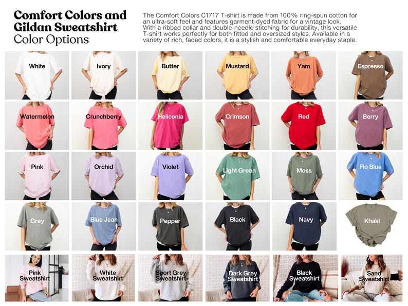 K&ouml;nnte beinhalten: Eine Pr&auml;sentation von Comfort Colors C1717 T-Shirts in verschiedenen Farben, darunter Wei&szlig;, Elfenbein, Butter und Senf. Das Bild zeigt eine Reihe von verblassten Farbt&ouml;nen wie Wassermelone, Crunchberry und Karmesinrot. Der Text auf dem Bild besagt, dass die Shirts aus 100 % ringgesponnener Baumwolle bestehen.