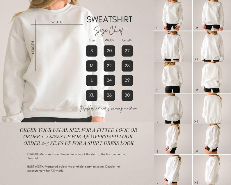 Puede incluir: Una sudadera blanca con una tabla de tallas. La tabla enumera las tallas S, M, L y XL, con las medidas de ancho y largo correspondientes en cent&iacute;metros. La imagen tambi&eacute;n muestra m&uacute;ltiples vistas de la sudadera en una modelo.