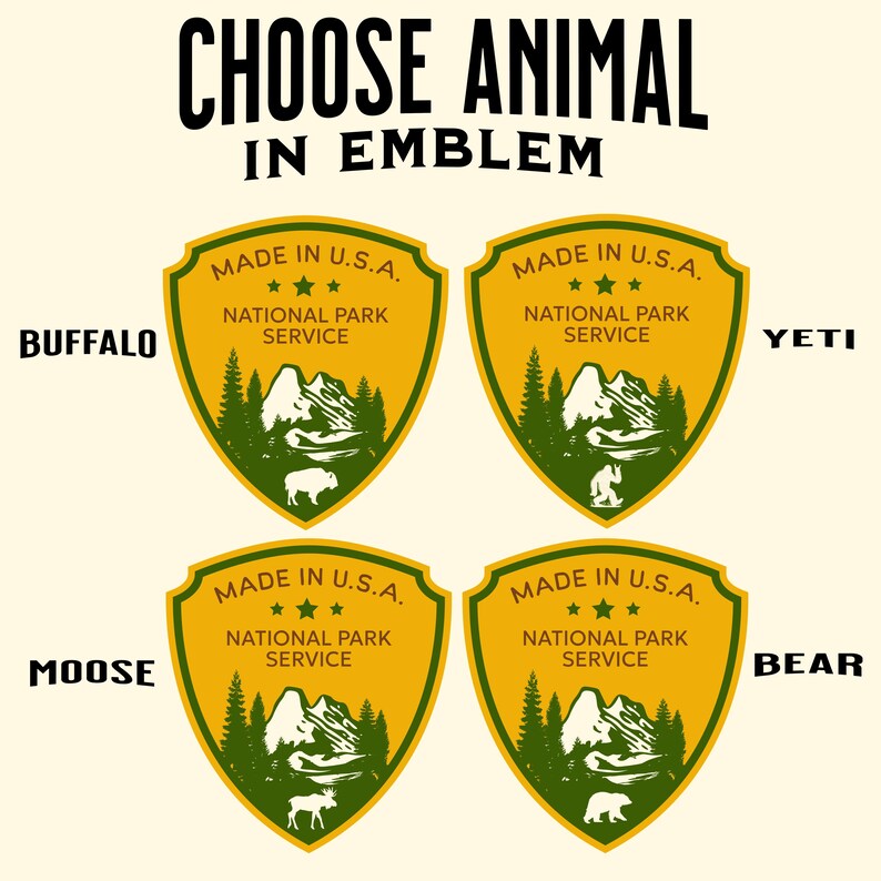 Puede incluir: Cuatro emblemas amarillos y verdes del Servicio de Parques Nacionales con ilustraciones de animales: b&uacute;falo, yeti, alce y oso. El texto "CHOOSE ANIMAL IN EMBLEM" est&aacute; en la parte superior. Cada emblema dice "MADE IN U.S.A." y "NATIONAL PARK SERVICE."