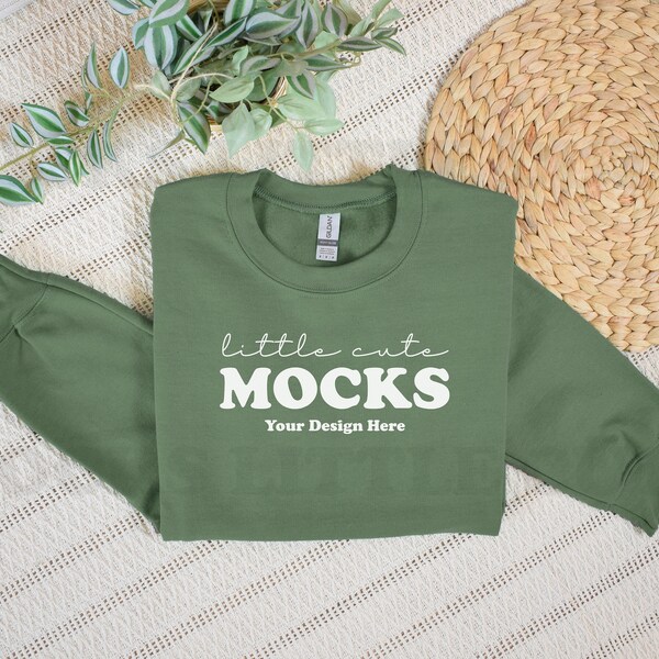 Military Green Gildan 18000 Mockup | Front Gildan Sweatshirt Mockup | Gildan 18000 Flat Lay Mockup | Gildan Military Green Sweater