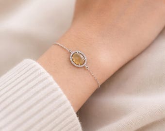 Sterling Silver Citrine Gemstone Bracelet: Dainty Halo Design, November Birthstone