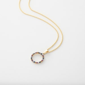 Gold Rainbow Circle Necklace - Sterling Silver - Colourful CZ Pendant - Circle of Life Necklace